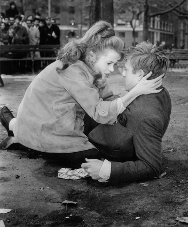 Robert Redford and Jane Fonda during the filming of 'Barefoot in the Park (1967)'