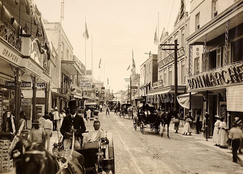 The principal commerical street in Bridgetown, Barbados, West Indies, 1890.