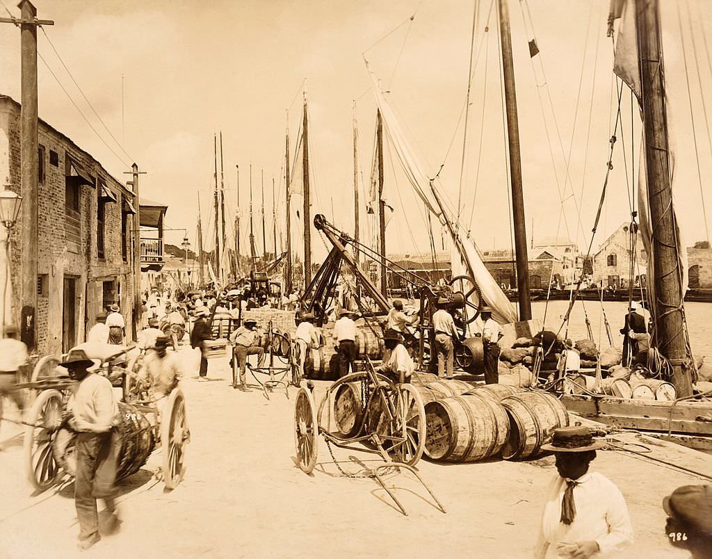 Barrels of sugar cane syrup at the docks in Bridgetown, Barbados, West Indies, 1890.
