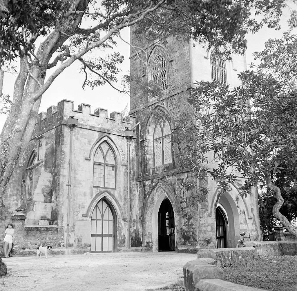 A view of a local church in Bridgetown, 1940s