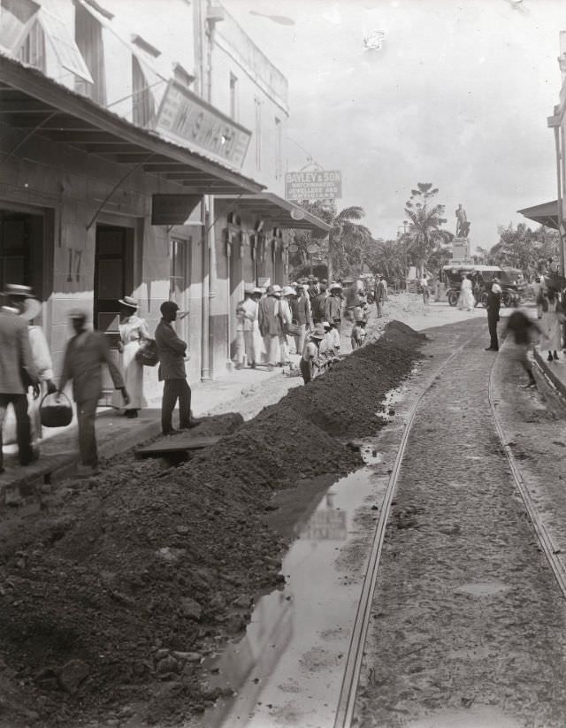 Laying of electrical cables, Broad Street, Bridgetown, 1880s