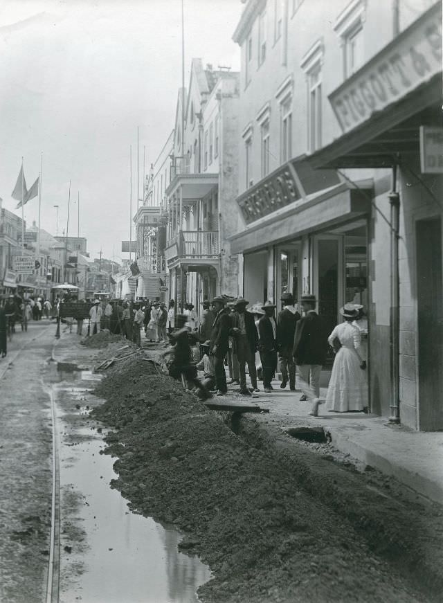 Laying of electrical cables, Broad Street, Bridgetown, 1880s