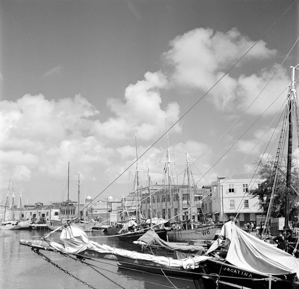 A view of the local harbor in Bridgetown, 1946