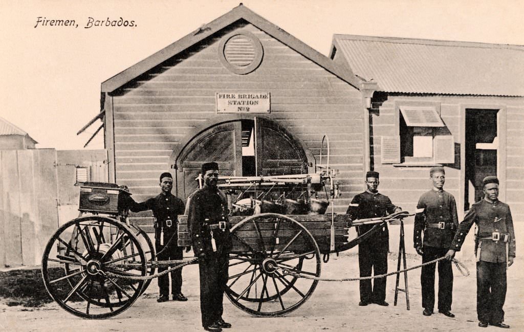 Fire Brigade Station No 2 including five firemen and their fire-carriage in Barbados, 1913