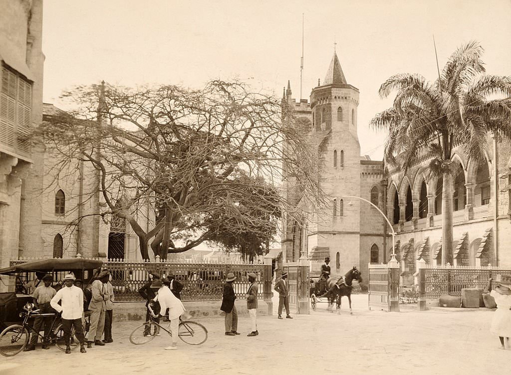 Government Buildings in Bridgetown, Barbados, West Indies with the Post Office on the left and the Council and Assembly Chambers on the right, 1900.