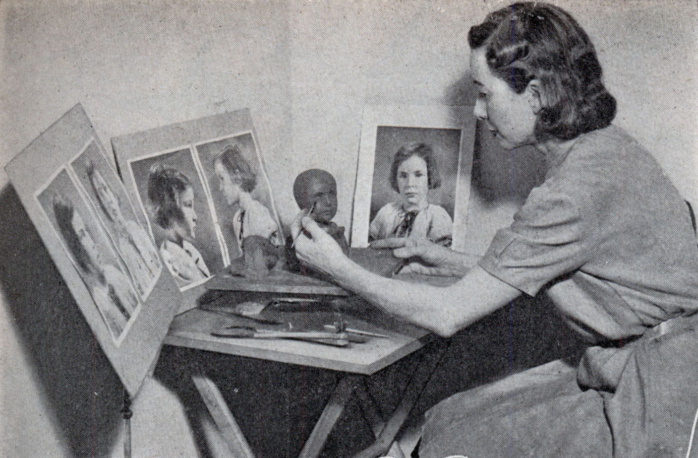 Working from photographs, the artist first models the head in clay.