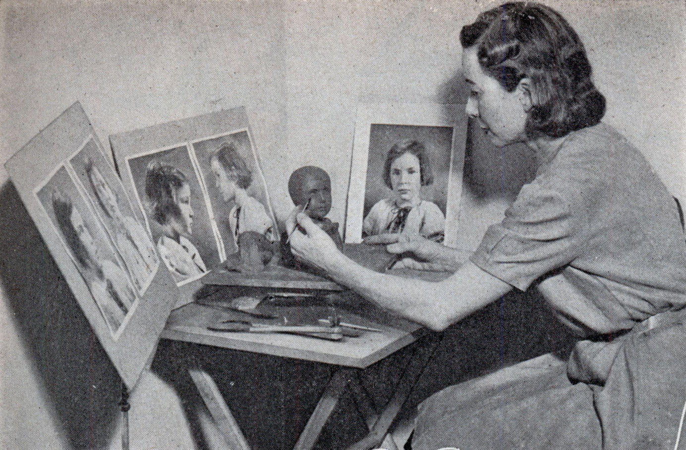 Working from photographs, the artist first models the head in clay.