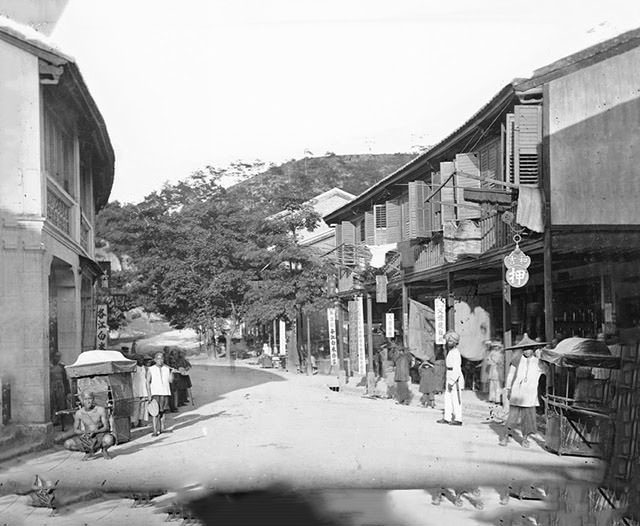 Queen’s Road East, close to where the old Wanchai Market is, Hong Kong, 1869