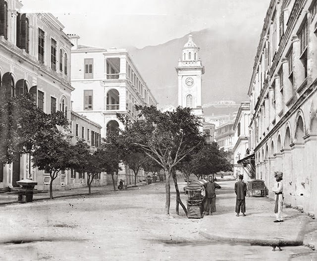 Pedder Street, looking north from the intersection with Des Voeux Road, Hong Kong, 1869