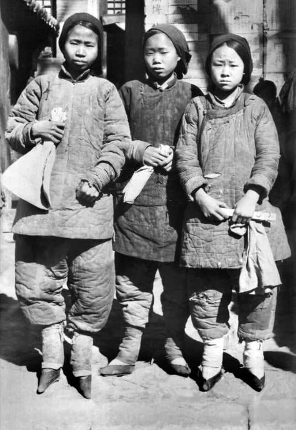 Girls with bound feet in Shanxi.