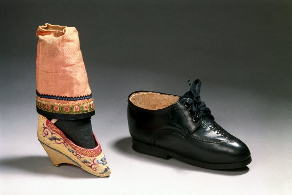 Plaster copy of a bound female foot with shoe and stocking, Chinese.