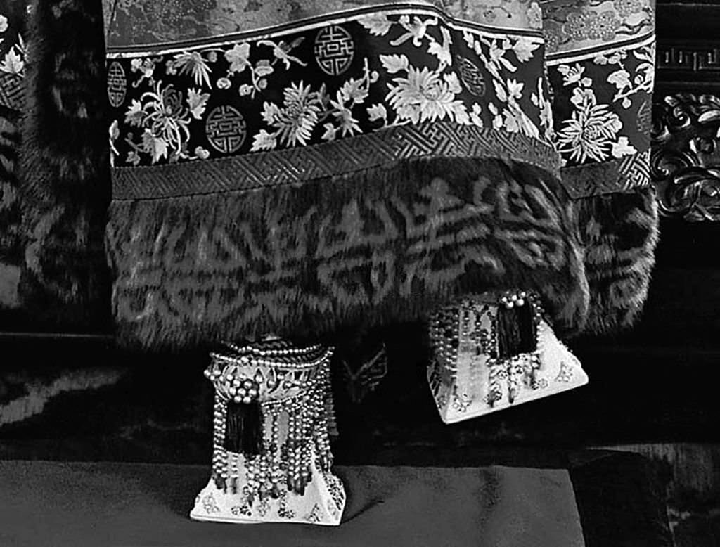 Detail of 15cm elaborate and costly mati xie or 'horse-hoof shoes' worn on formal occasions by Cixi, 1900