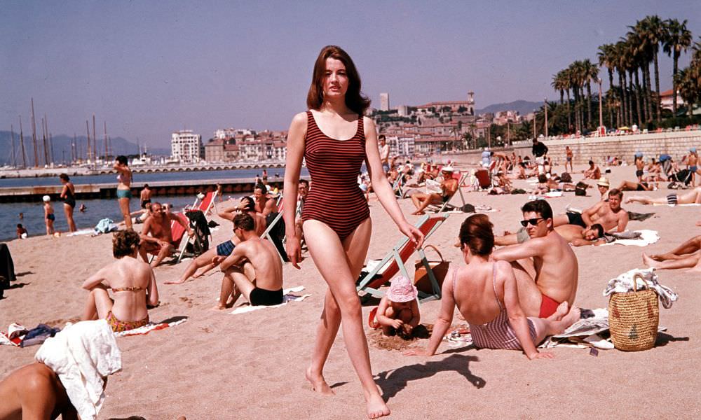 Christine Keeler Posing in a Swimsuit on a Beach in Spain and France, 1963