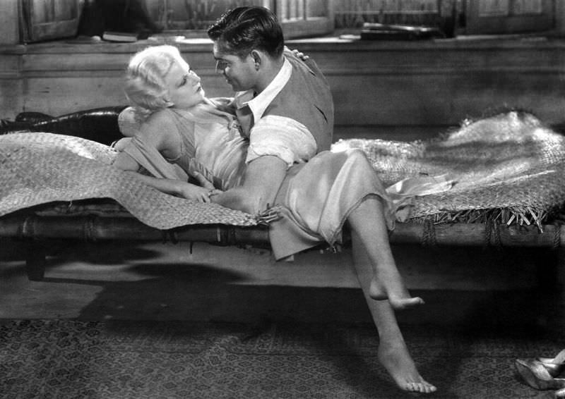 Jean Harlow and Clark Gable during the filming of 'Red Dust (1932)'