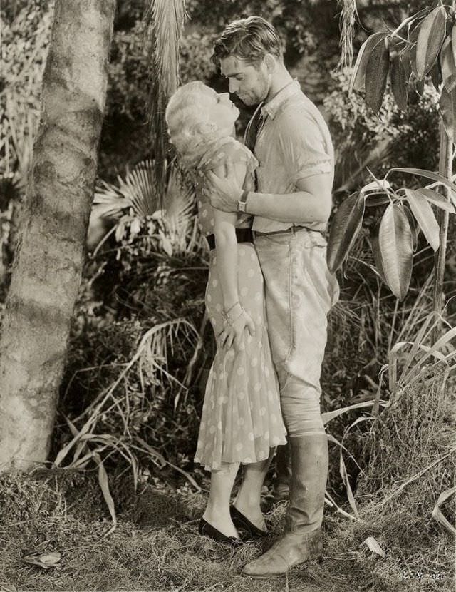 Jean Harlow and Clark Gable during the filming of 'Red Dust (1932)'