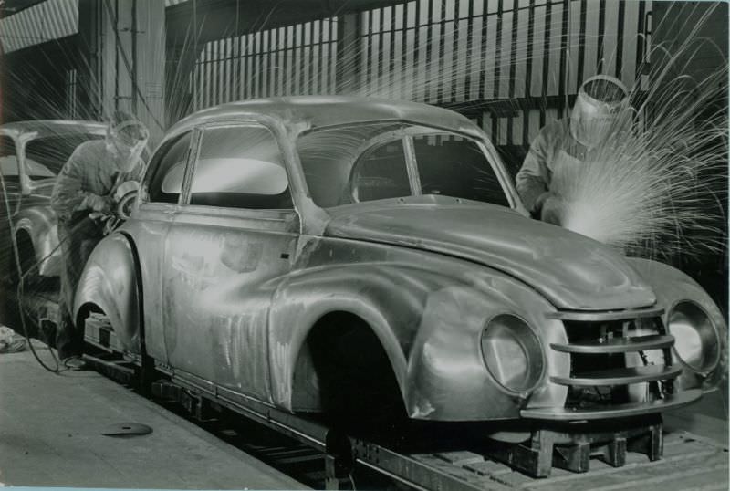 Welding a car body, 1951