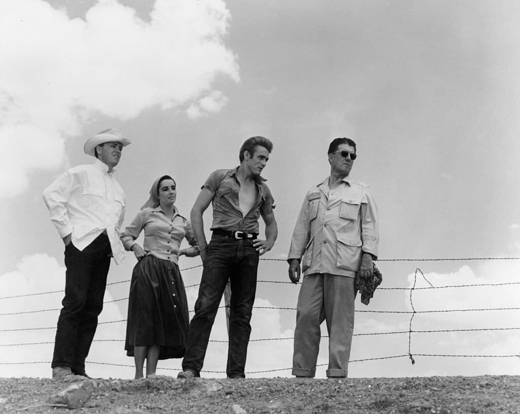 Elizabeth Taylor, James Dean and director George Stevens on the set of the 1955 film Giant.