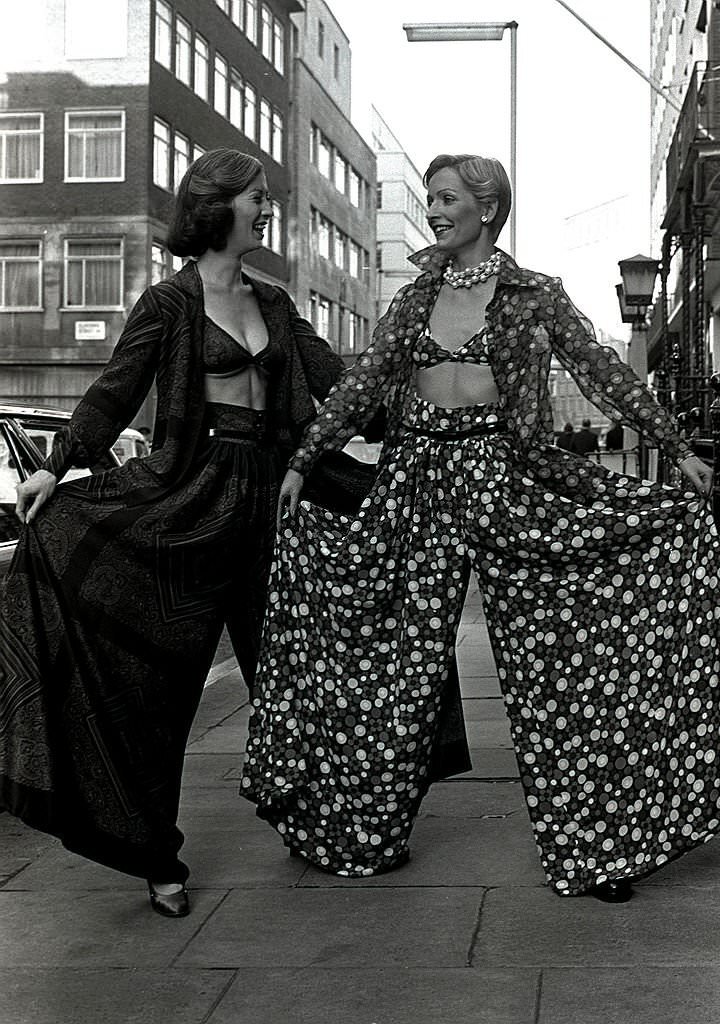 Hardy Amies designed culottes shown in London, 18th January 1973, On the left a shirt.