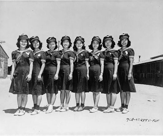 Waitresses in natty blue uniforms line up before taking up their duties in the mess hall / U.S. Army Signal Corps.