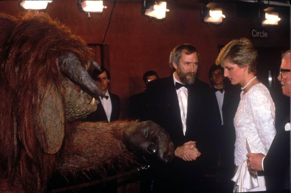 Diana, Princess of Wales,Royal Command Premiere of Labyrinth, London,With Ludo and Jim Henson, 1986