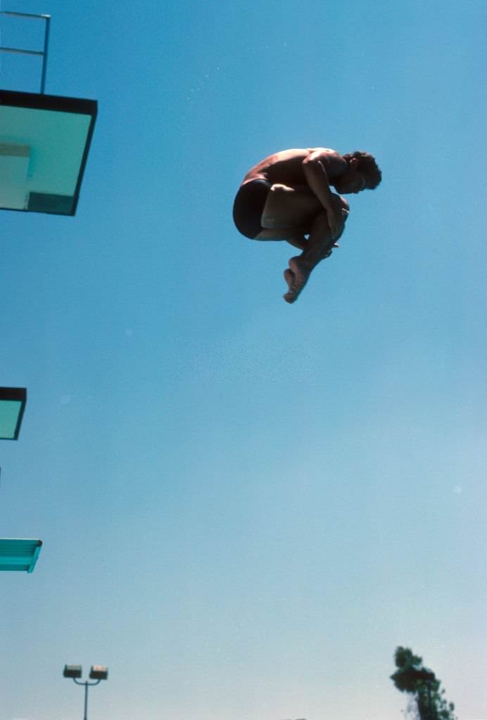 Greg Louganis in action from high dive at Mission Viejo International Swim Complex.