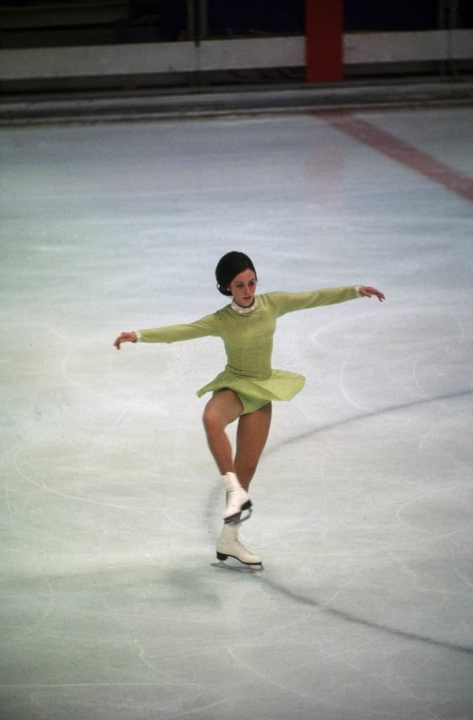 Peggy Fleming in action during Women's Singles Finals at Ice Stadium at the Parc Paul Mistral, 1958