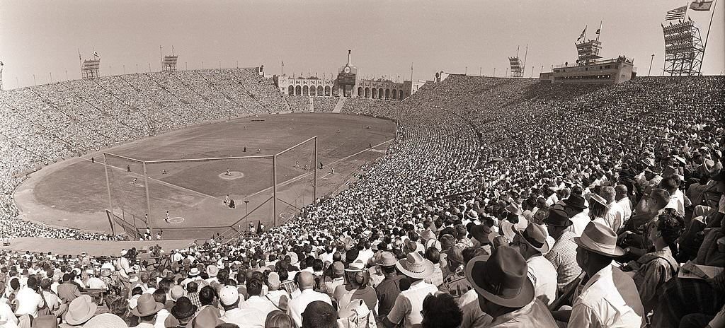 Baseball: World Series, View of fans at Memorial Coliseum, stadium during Los Angeles Dodgers vs Chicago White Sox game.