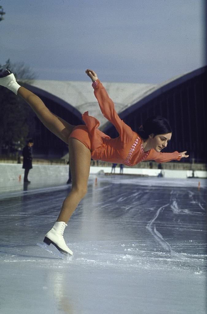 1968 Winter Olympics, Portrait of USA Peggy Fleming in action during practice.