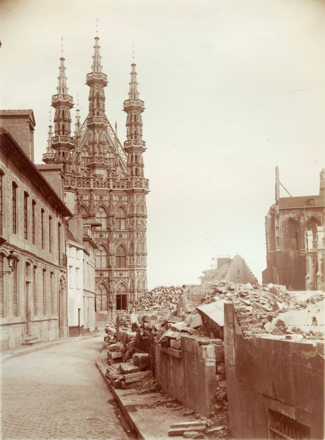 City Hall and St-Pieterskerk from Grote Markt side street, Leuven, August 1914