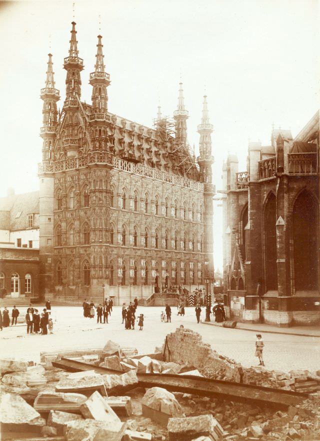 City Hall from Grote Markt with library rubble in the foreground, Leuven, August 1914