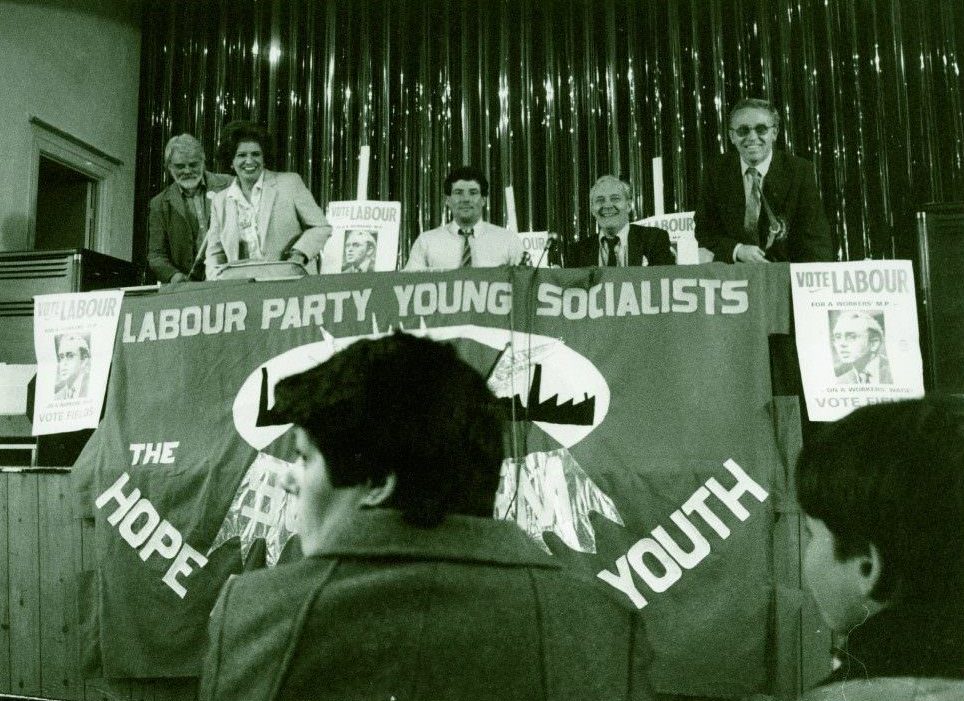 Tony Boothe, Pat Phoenix, Derek Hatton, Tony Benn MP and Terry Fields during Terry’s 1983 campaign to be elected to Broadgreen.