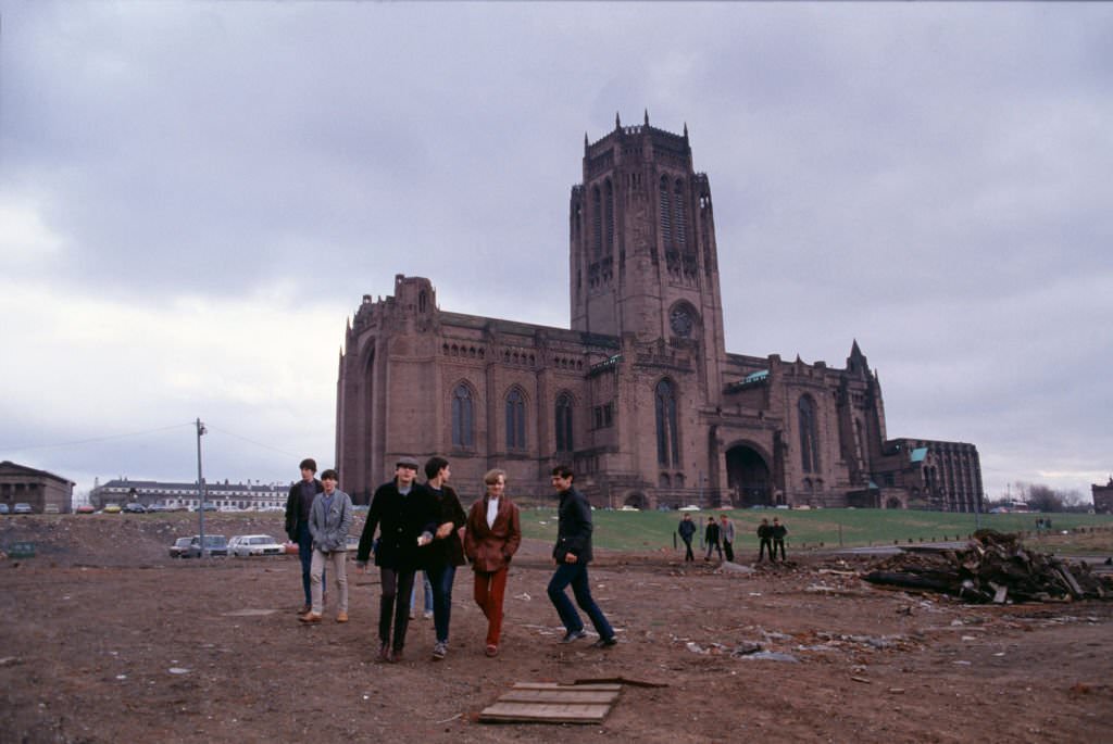 Liverpool teenagers outside the city's Anglican Cathedral, May 1981,