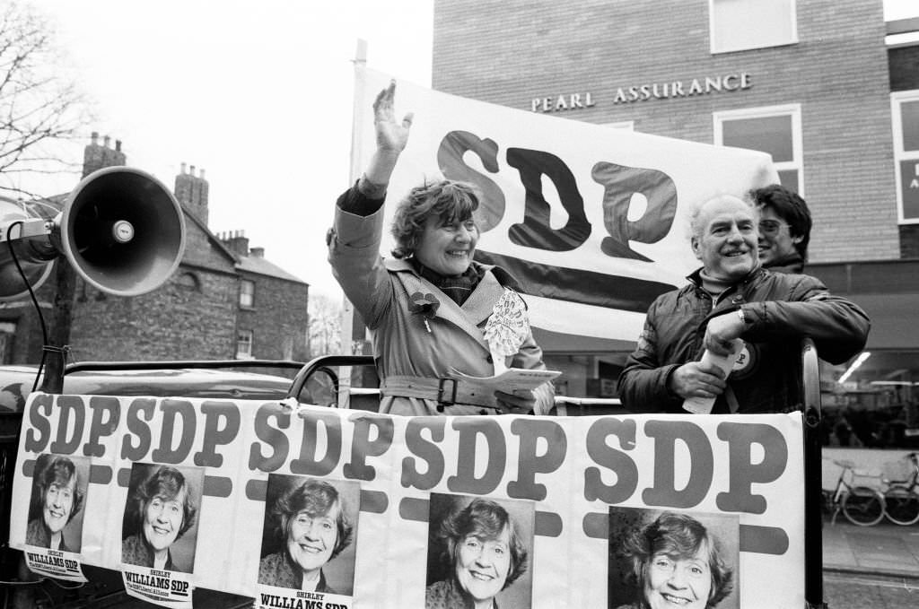 Shirley Williams of the Social Democratic Party getting her election campaign underway as she tours shopping areas during the Crosby by-election, 1981
