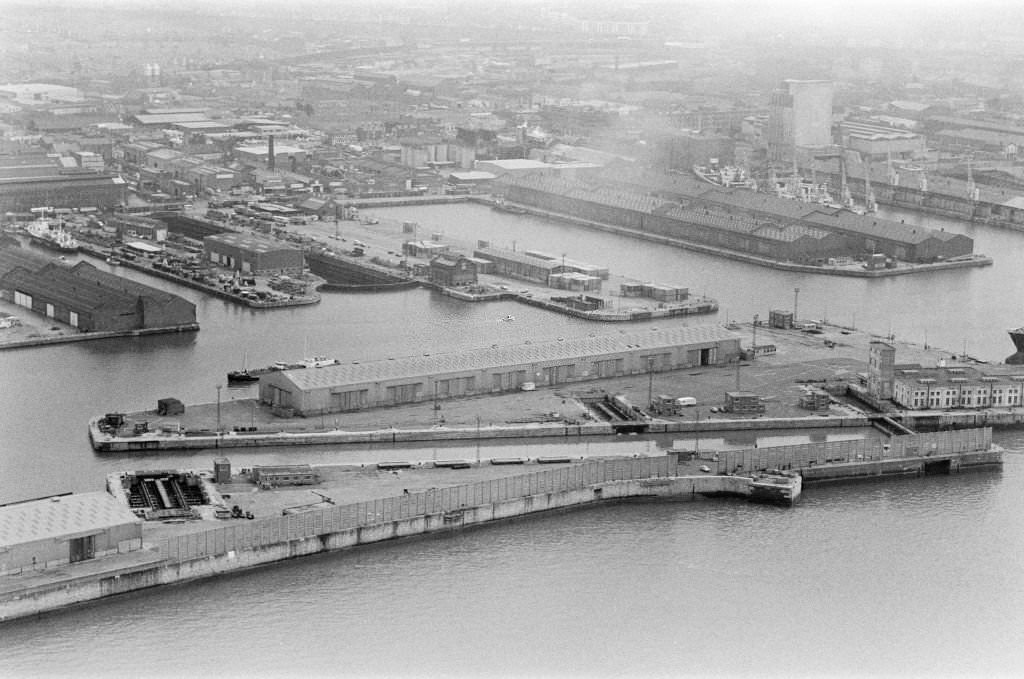Aerial view of Liverpool Docks, Merseyside.17th August 1980.