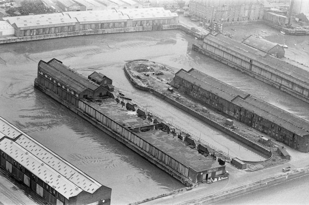 Aerial view of Liverpool Docks, Merseyside, 17th August 1980.