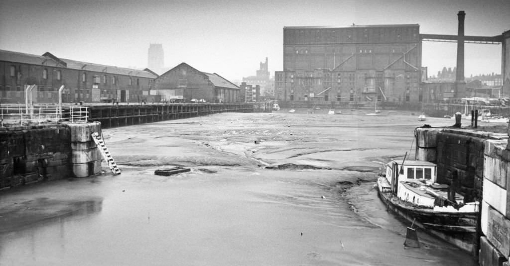The South Docks, Liverpool, now almost completely silted up since the docks closed in 1972 and dredging operations stopped, 27th February 1982.