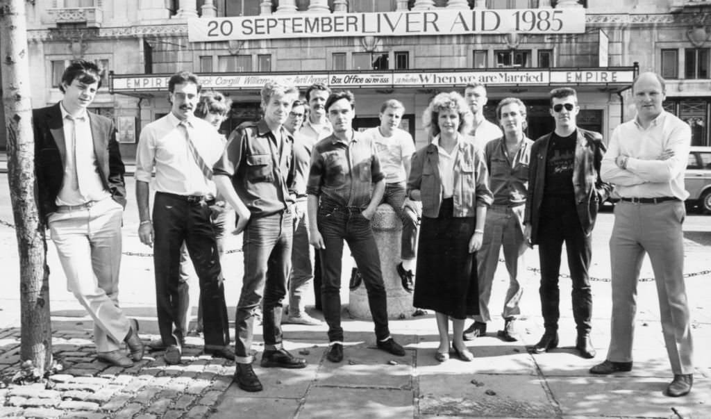 The team behind the starts appearing at the Liver Aid concert for Ethiopia at the Liverpool Empire, 19th September 1985.