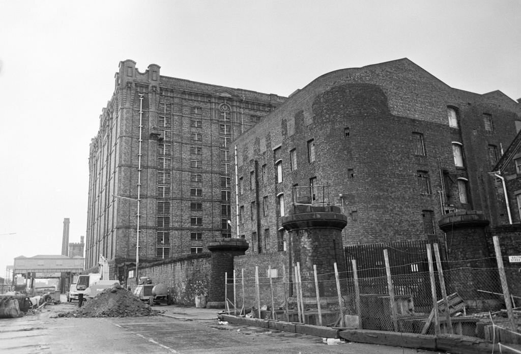 General view at Stanley Dock in Liverpool, showing the tobacco warehouse building, 5th April 1989.