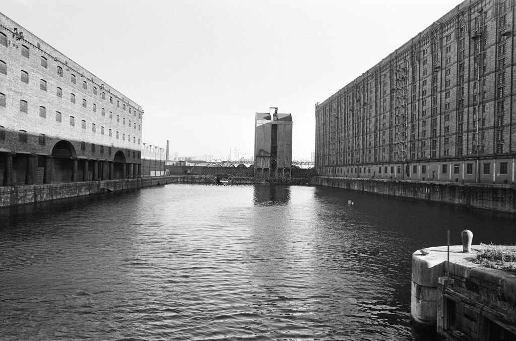 Stanley Dock in Liverpool, showing the Hartley Warehouse building (left) and the tobacco warehouse building (right), 5th April 1989.