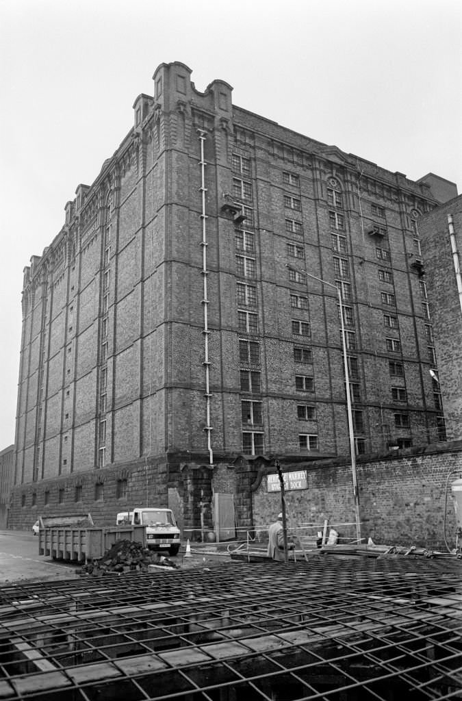 Stanley Dock in Liverpool, showing the tobacco warehouse building, 5th April 1989.