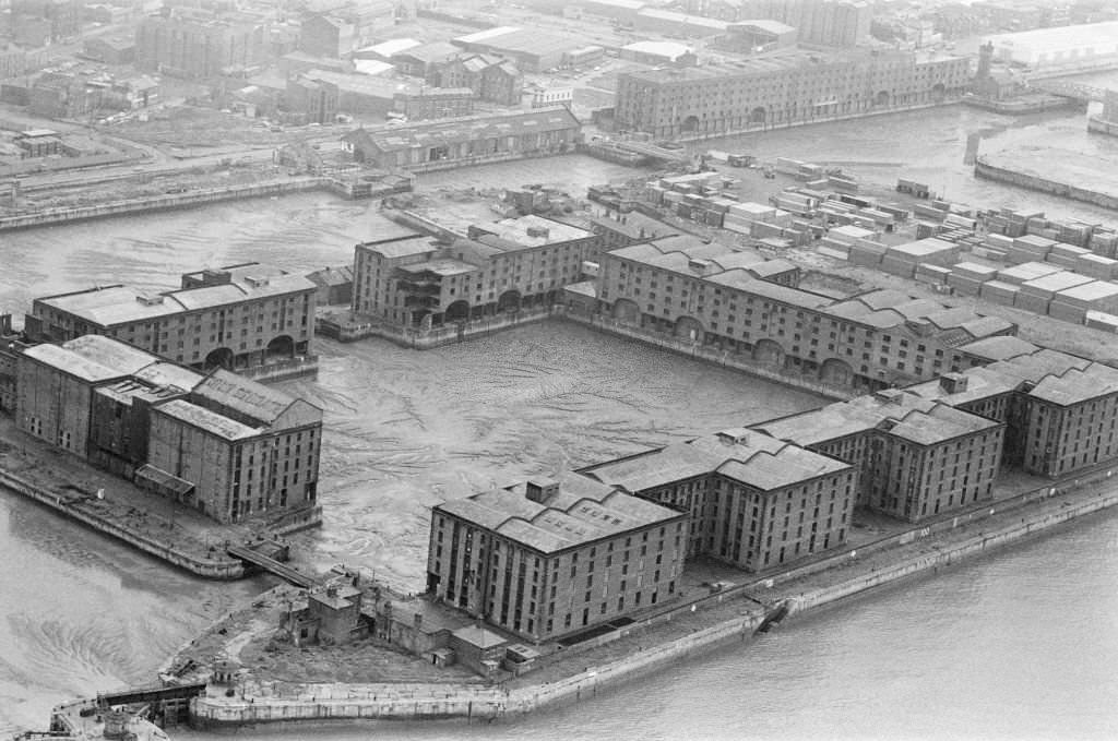 Aerial view of Albert Dock, Liverpool, Merseyside, 17th August 1980.