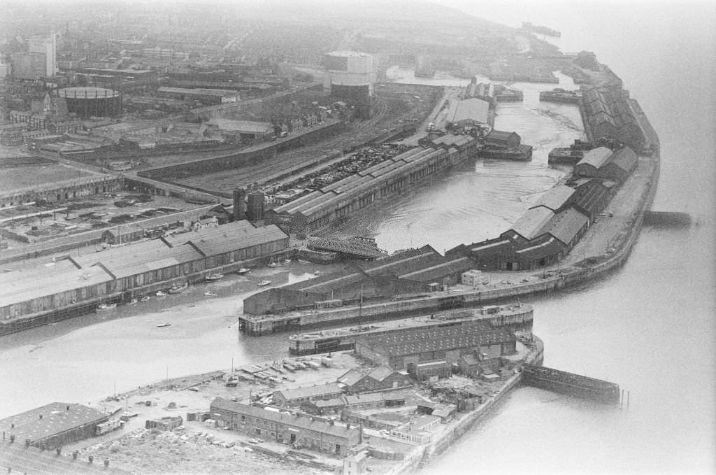 Aerial view of Liverpool Docks, Merseyside, 17th August 1980.