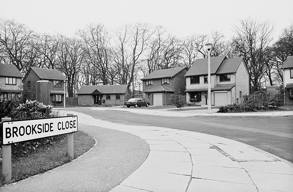 The cul-de-sac of houses named Brookside Close that features as the set for the long running television soap opera Brookside located in Liverpool on 18th April 1985.