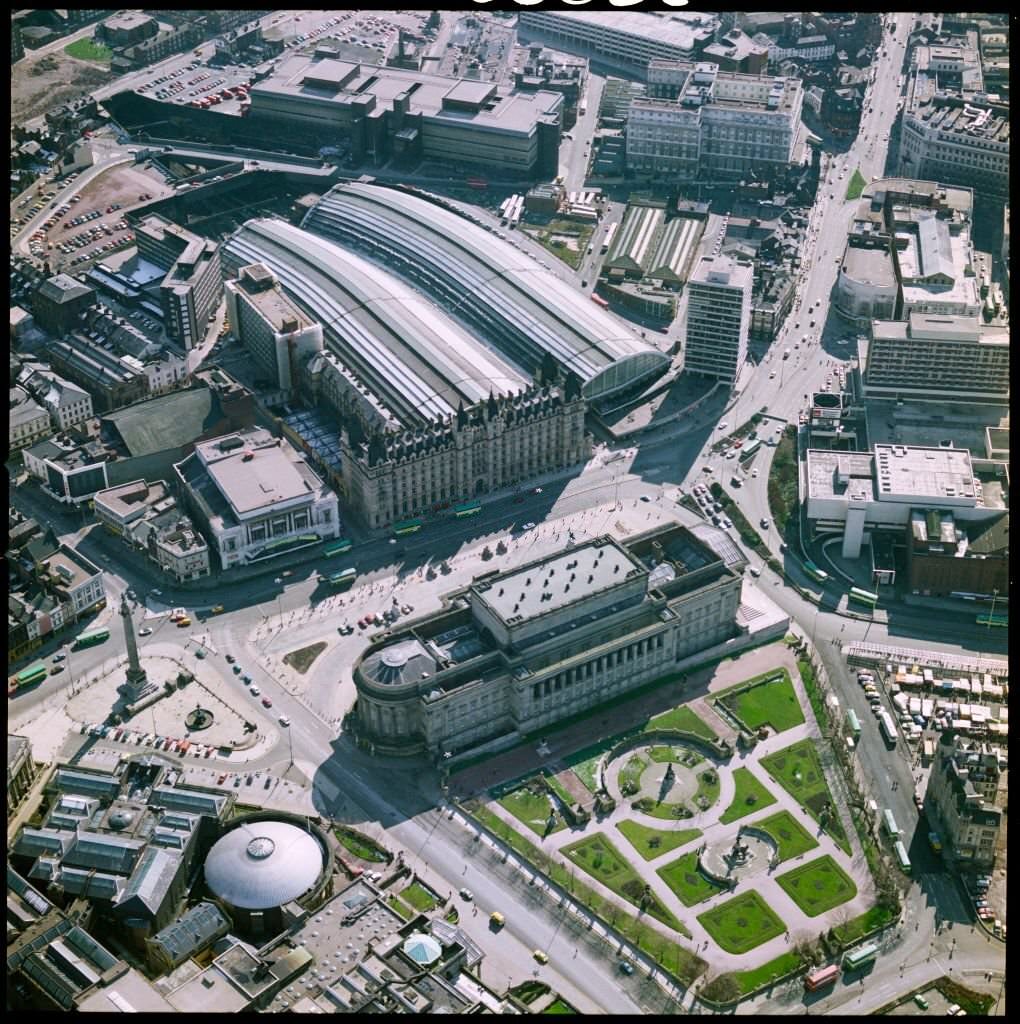 St George's Hall, St John's Gardens and Lime Street Railway Station, Liverpool, Merseyside, 1980.