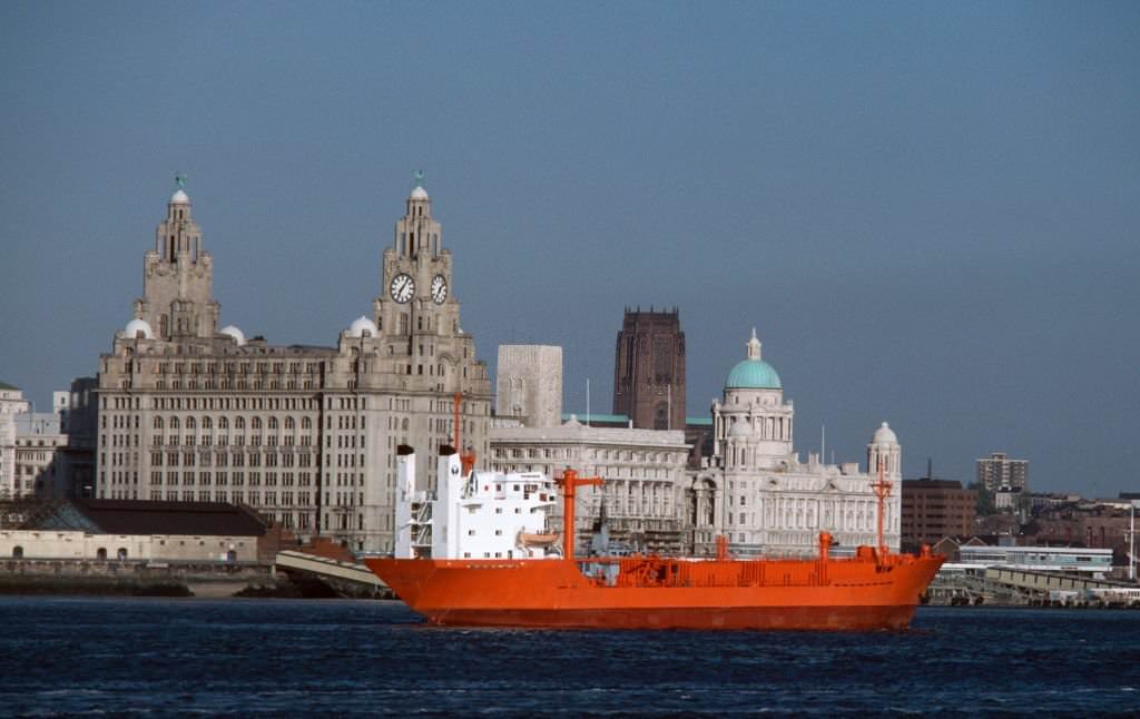 A view of the Liverpool skyline across the River Mersey in Liverpool, June, 1985.