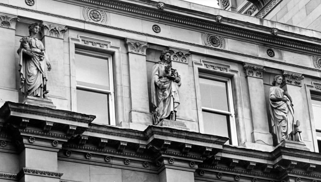 Statues on the exterior of the Municipal Buildings, Dale Street, Liverpool, Merseyside, 7th August 1982.