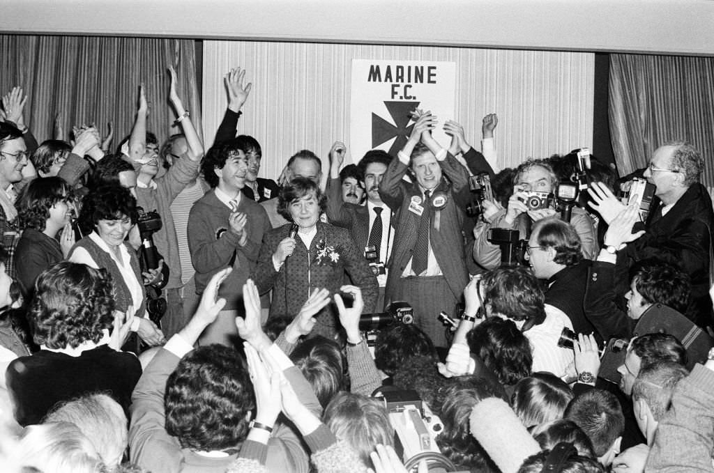 Shirley Williams of the Social Democratic Party celebrates her victory at the Crosby by-election with her supporters at the Blundellsands Hotel, Crosby, 27th November 1981.