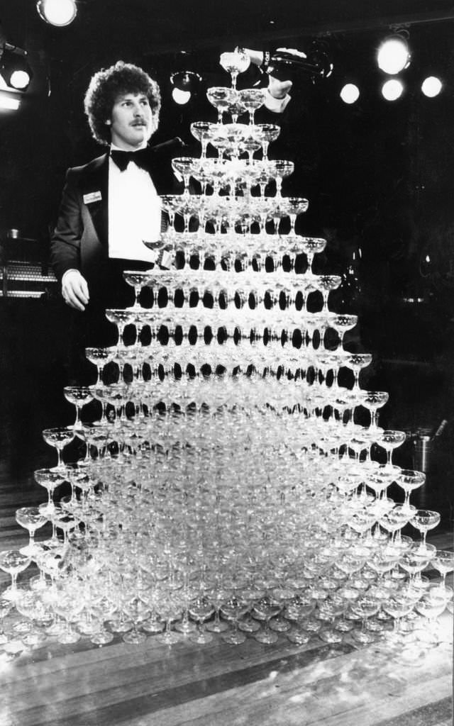 The world champagne fountain goes pop at Rotters night club in Liverpool, 20th March 1980