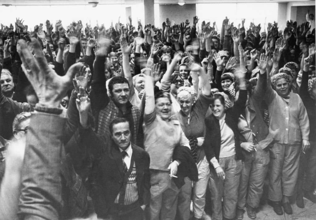 Tate and Lyle workers seen here at a mass meeting, vote to fight the closure of the refinery, 23rd January 1981.