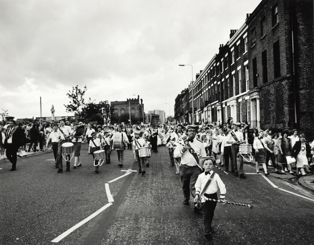 The annual Orange Order march in Liverpool, July 1982.